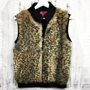 Leopard Print Fur Vest Knit Back Full Zip M